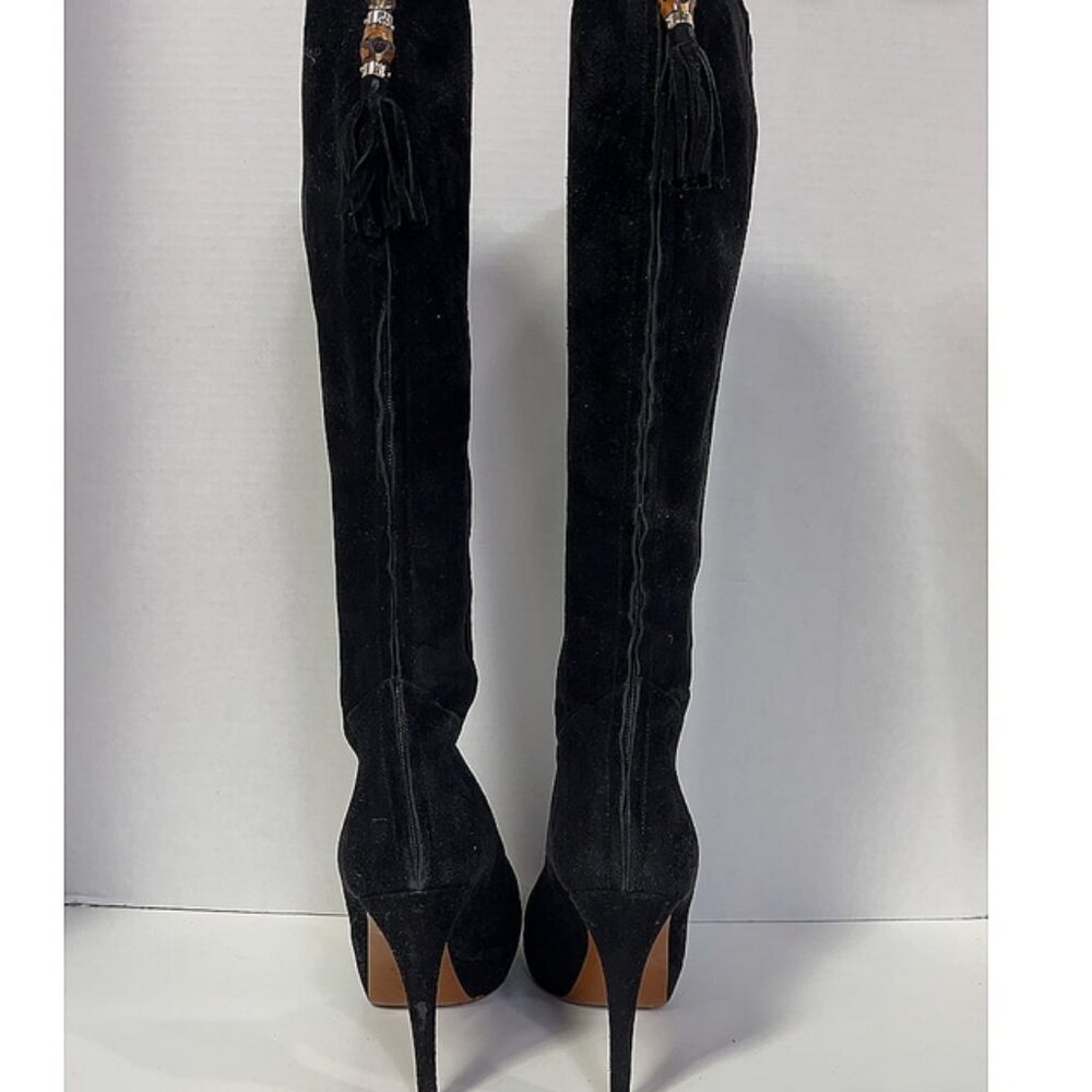 🖤 Gucci Black Suede Knee-High Boots | Bamboo Zipper Pulls High Heel Size 37.5 - Picture 6 of 9